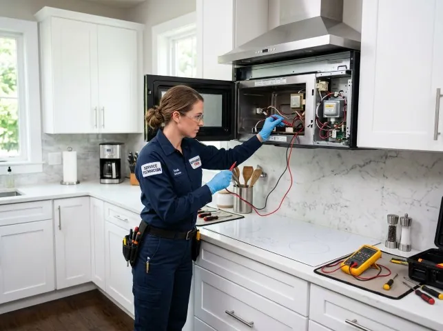 Appliance Repair Hero technician testing an over-the-range microwave in a Arlington, TN kitchen